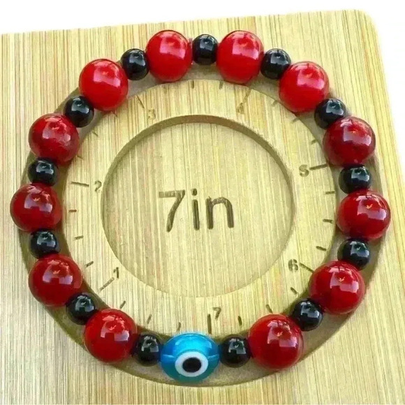 Handmade red & black evil eye protection bracelet 7” stretchy - Picture 2 of 5